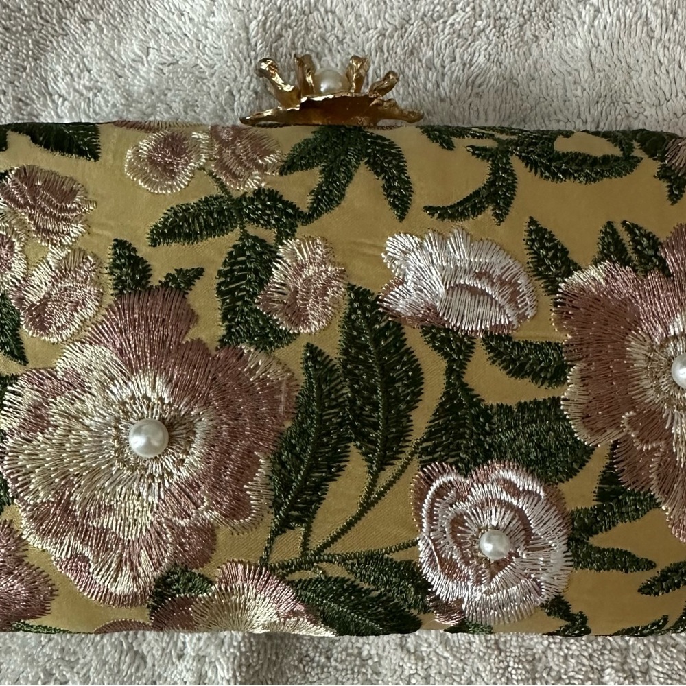 Floral Embroidered Clutch with Pearl Accents